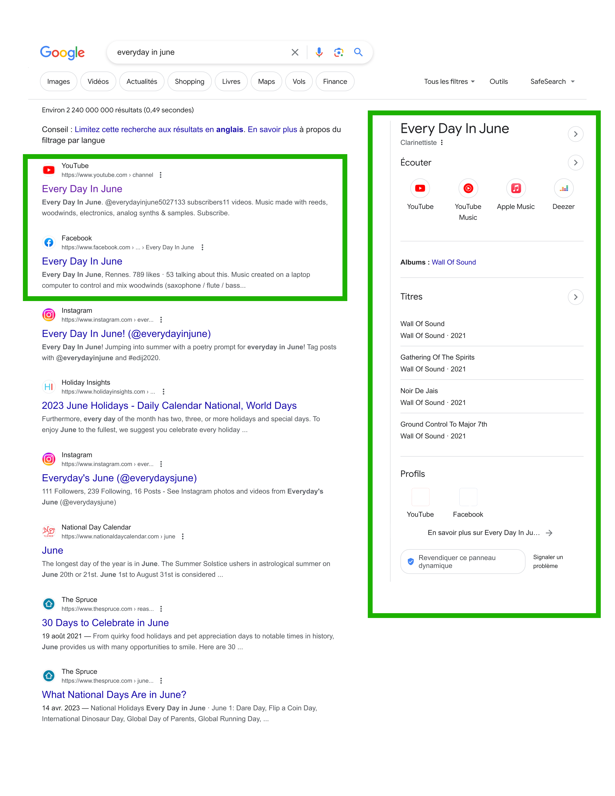 Résultats Google pour Everyday in June avec panneau de connaissance